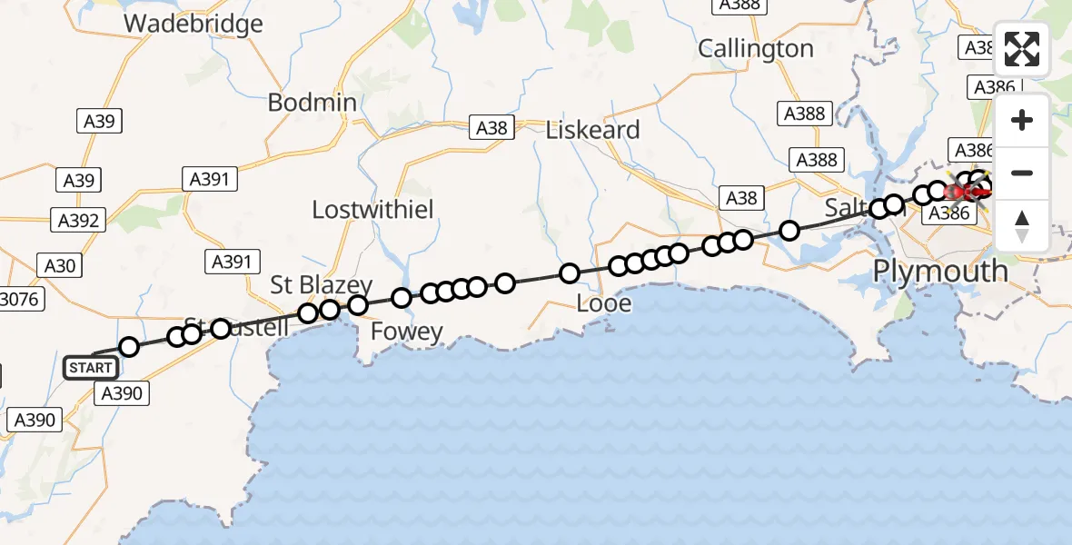 Flight route Air Ambulance Helicopter Grampound Road - Derriford Hospital, 20 August 2026, 20:04