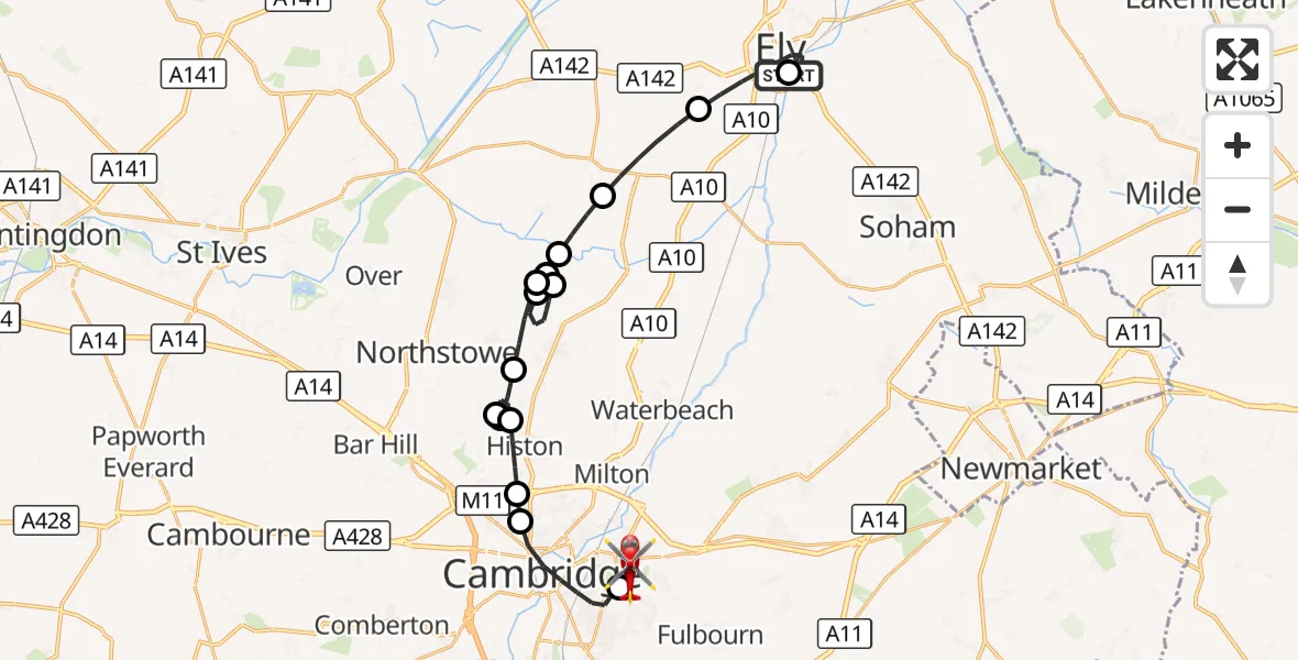 Flight route Air Ambulance Helicopter Stuntney - Cambridge City Airport, 20 August 2026, 20:22