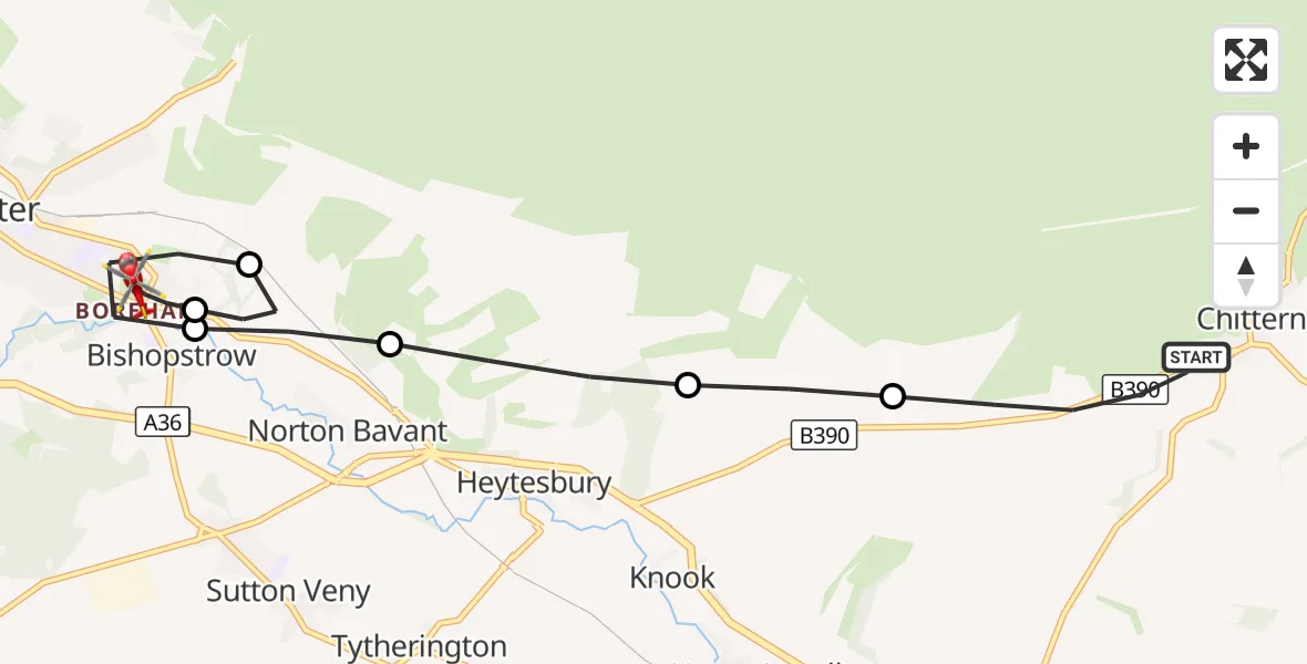 Flight route Air Ambulance Helicopter Chitterne - Warminster, 20 August 2026, 20:22