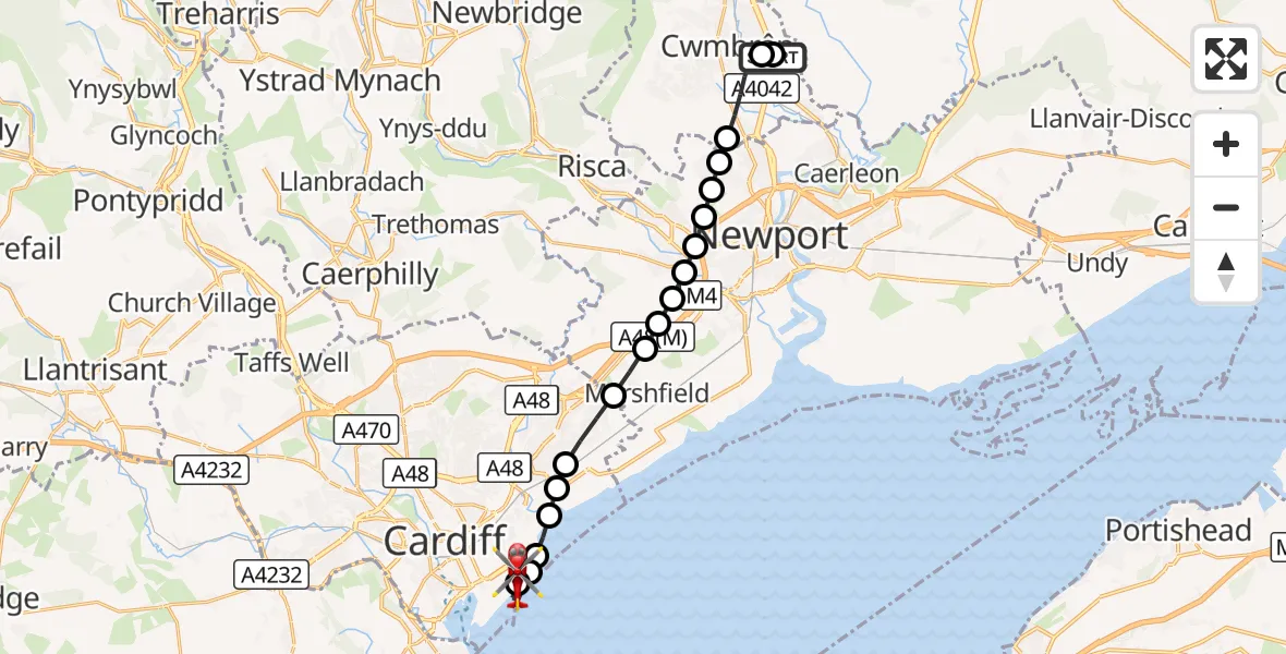 Flight route Air Ambulance Helicopter Grange University Hospital Heliport - Cardiff Heliport, 20 August 2026, 20:22