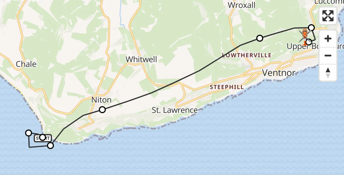 Flight route Coastguard Helicopter Chale - Wroxall, 20 August 2026, 20:23