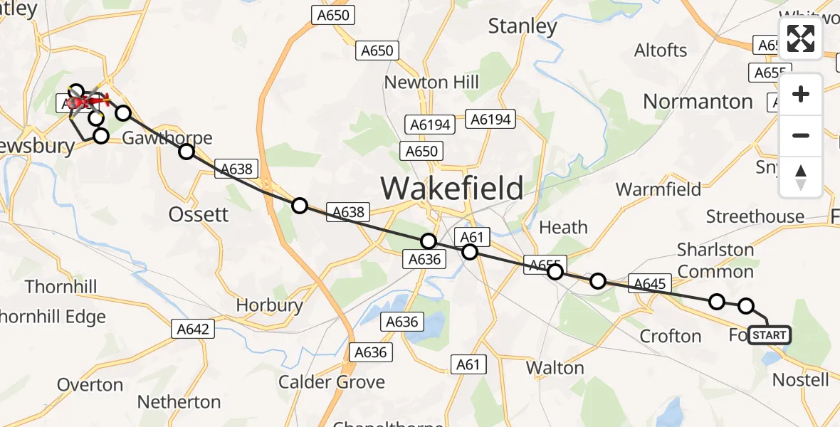 Flight route Air Ambulance Helicopter YAA Nostell Helicopter Port - Dewsbury, 20 August 2026, 20:31