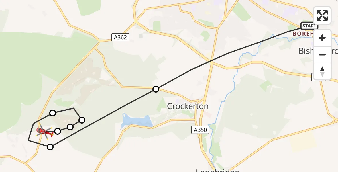 Flight route Air Ambulance Helicopter Warminster - Horningsham, 20 August 2026, 20:35