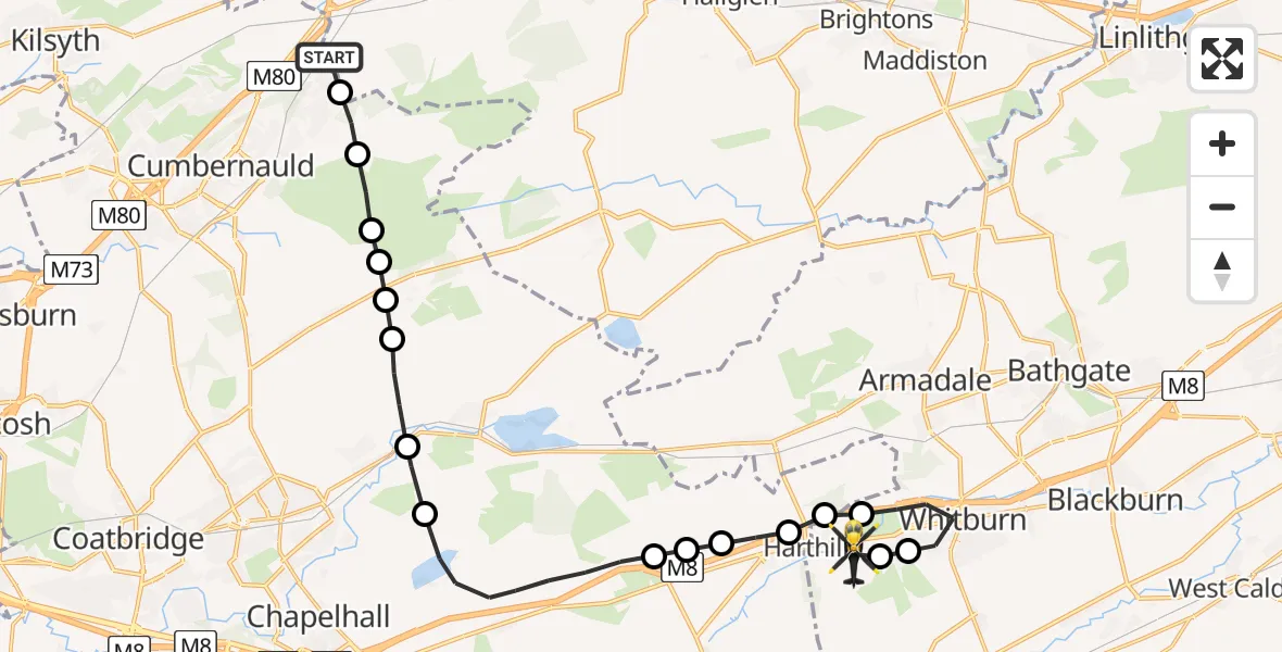 Flight route Police Helicopter Cumbernauld - Greenrigg, 20 August 2026, 20:40
