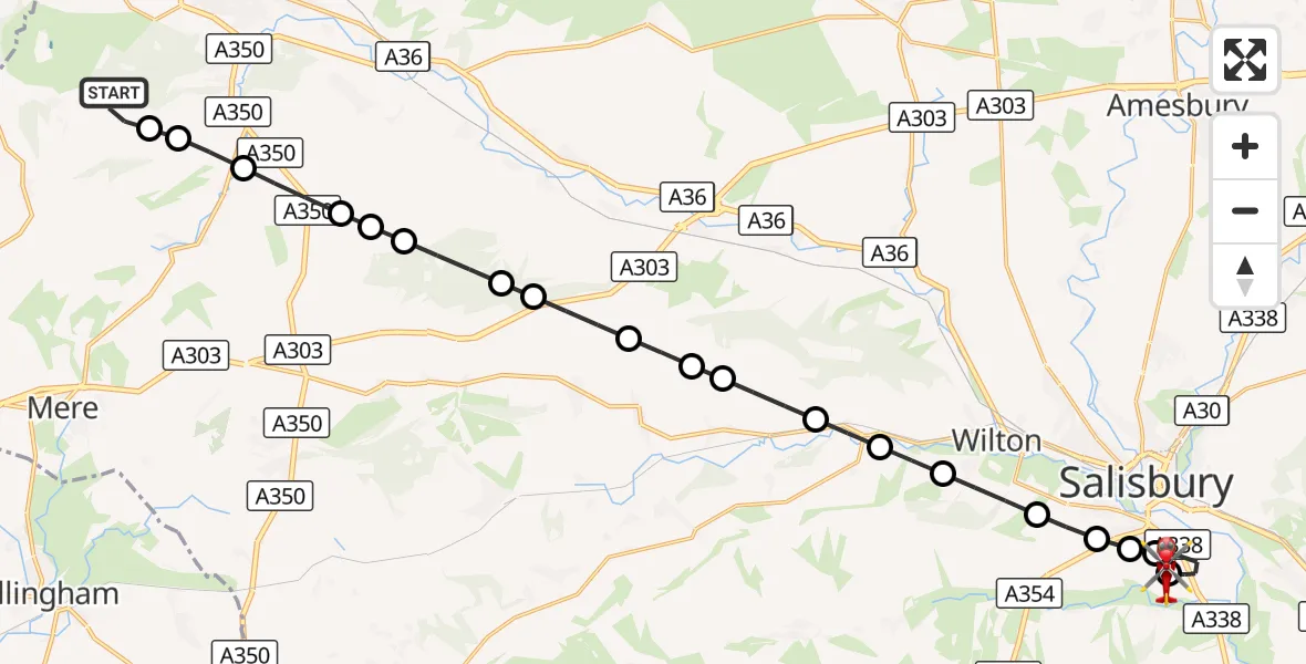 Flight route Air Ambulance Helicopter Horningsham - Salisbury District Hospital, 20 August 2026, 20:40
