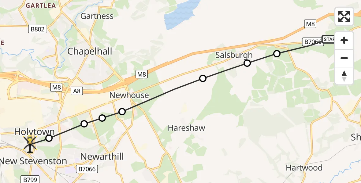 Flight route Police Helicopter South Hirst - Holytown, 20 August 2026, 20:50