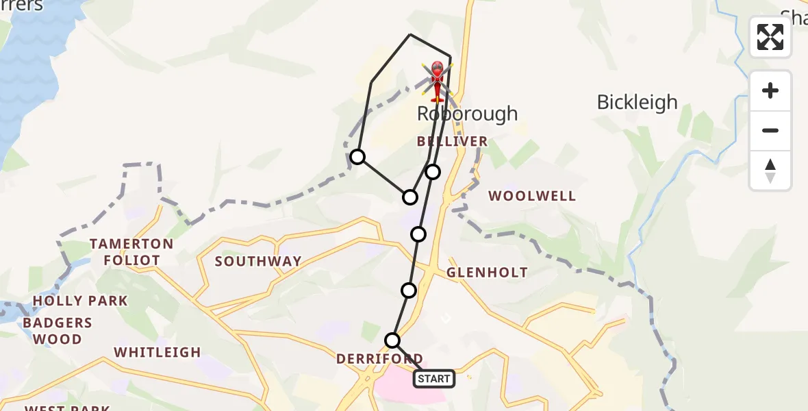 Flight route Air Ambulance Helicopter Derriford Hospital - Roborough, 20 August 2026, 20:54