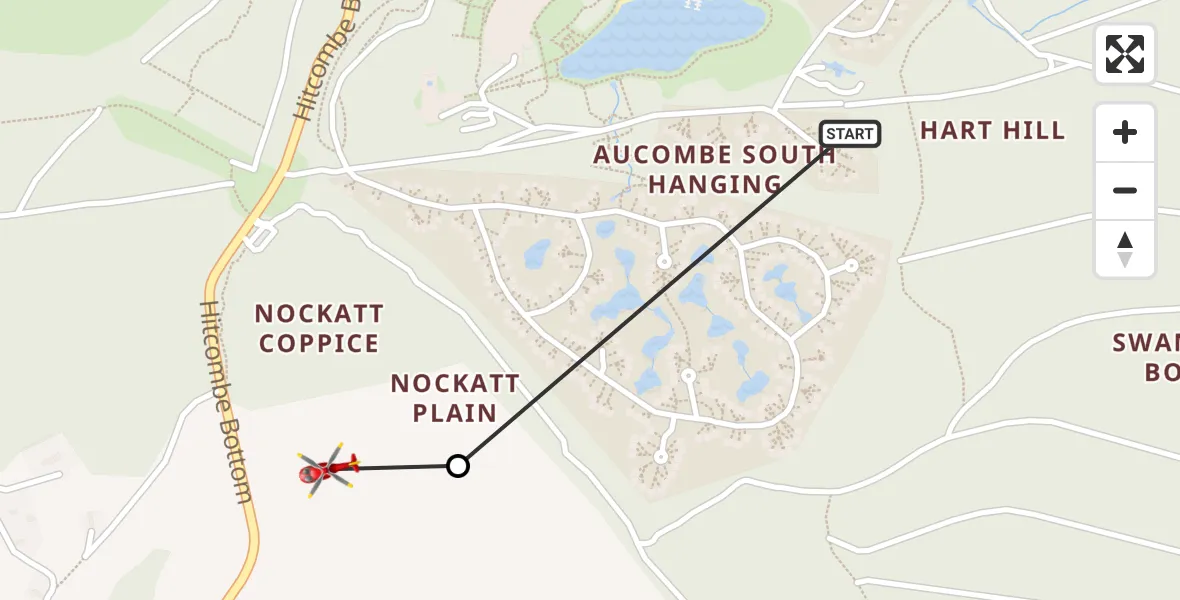Flight route Air Ambulance Helicopter Warminster - Horningsham, 20 August 2026, 21:02