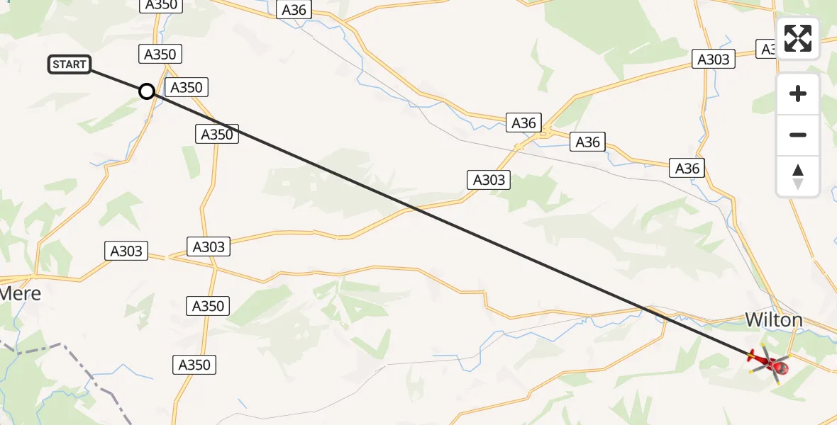 Flight route Air Ambulance Helicopter Horningsham - Wilton, 20 August 2026, 21:06