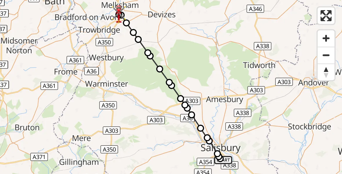 Flight route Air Ambulance Helicopter Salisbury District Hospital - Wiltshire Air Ambulance, 20 August 2026, 21:33