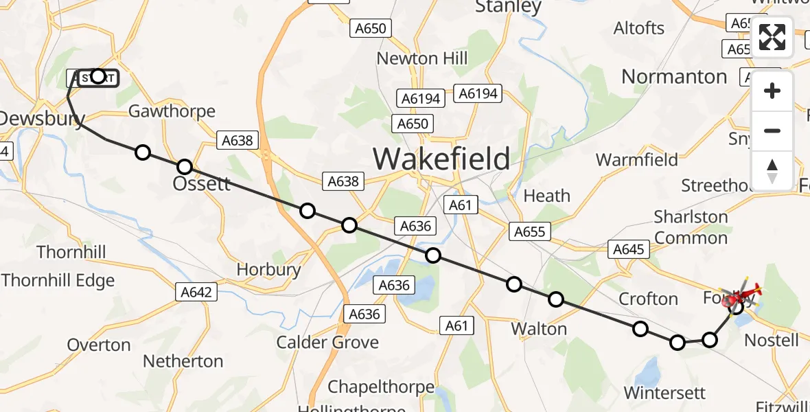 Flight route Air Ambulance Helicopter Dewsbury - YAA Nostell Helicopter Port, 20 August 2026, 21:34