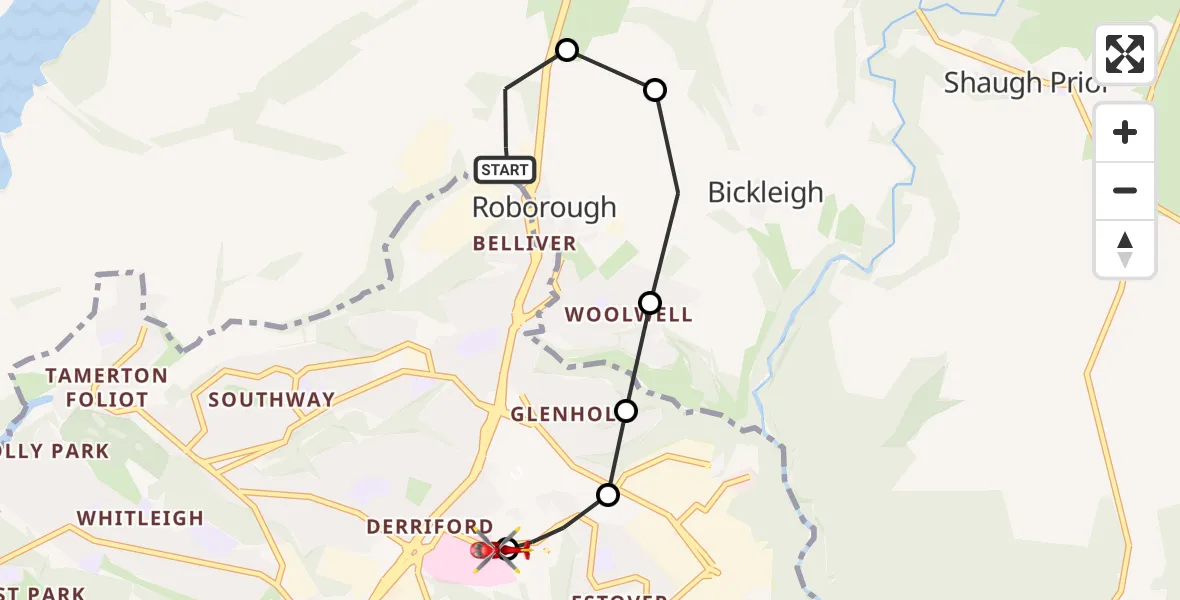Flight route Air Ambulance Helicopter Roborough - Derriford Hospital, 20 August 2026, 21:56