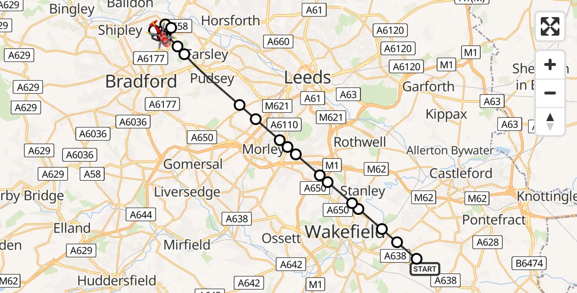 Flight route Air Ambulance Helicopter YAA Nostell Helicopter Port - Baildon, 20 August 2026, 21:56