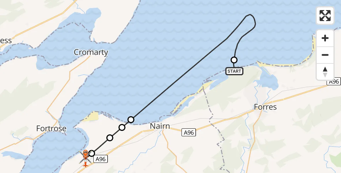 Flight route Coastguard Helicopter Buckie Loch - Inverness Airport, 20 August 2026, 22:03