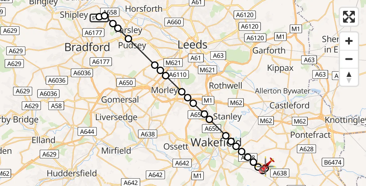 Flight route Air Ambulance Helicopter Baildon - YAA Nostell Helicopter Port, 20 August 2026, 22:25