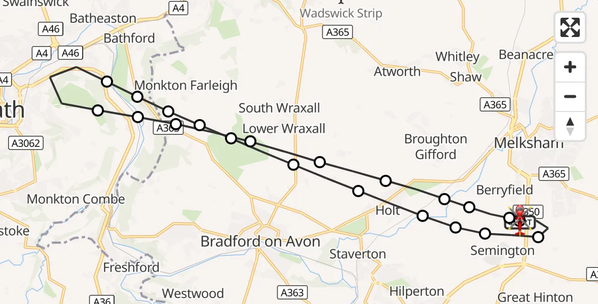 Flight route Air Ambulance Helicopter Wiltshire Air Ambulance - Wiltshire Air Ambulance, 20 August 2026, 23:17