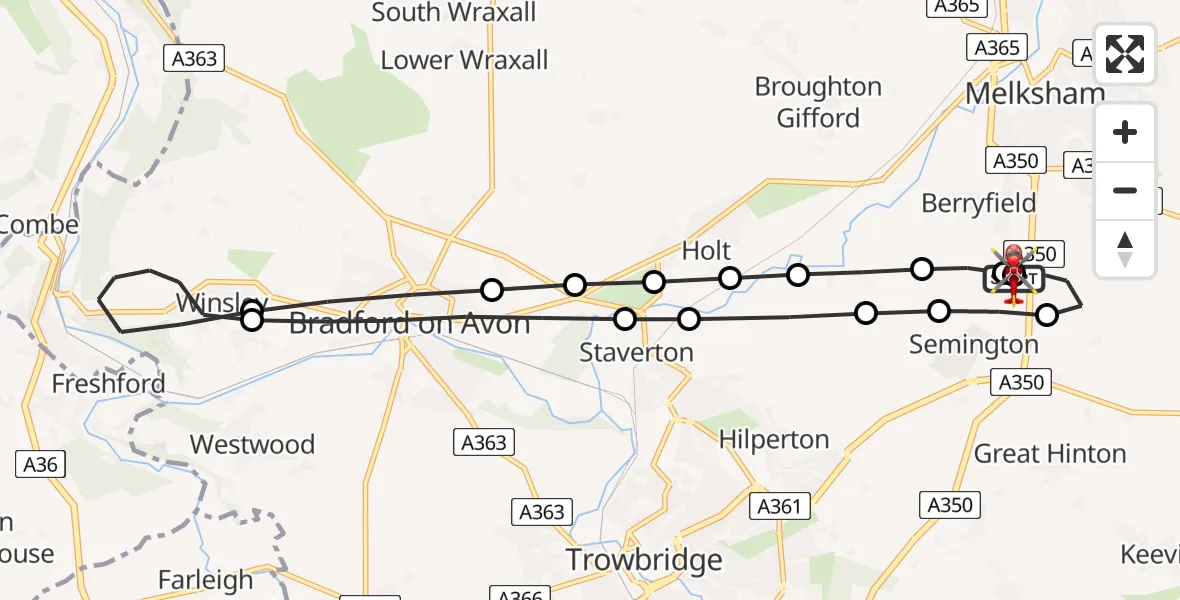 Flight route Air Ambulance Helicopter Wiltshire Air Ambulance - Wiltshire Air Ambulance, 21 August 2026, 01:26