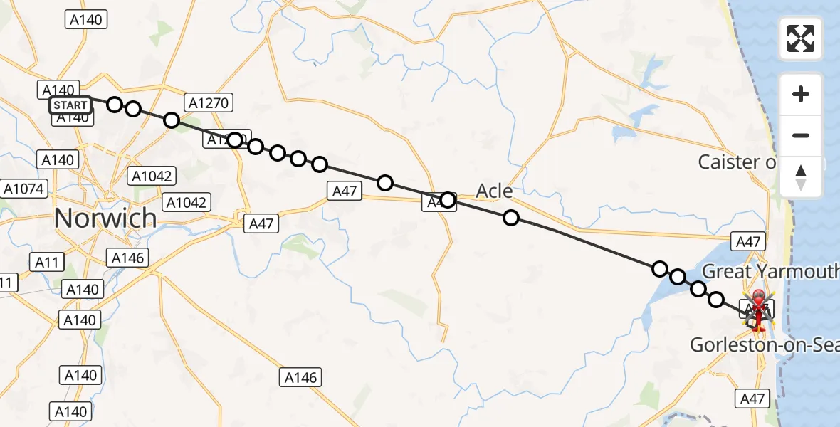 Flight route Air Ambulance Helicopter Norwich Airport - Gorleston-on-Sea, 21 August 2026, 04:48