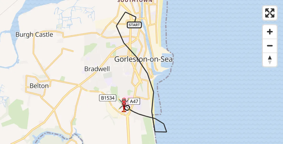 Flight route Air Ambulance Helicopter Gorleston-on-Sea - James Paget Hospital, 21 August 2026, 05:56