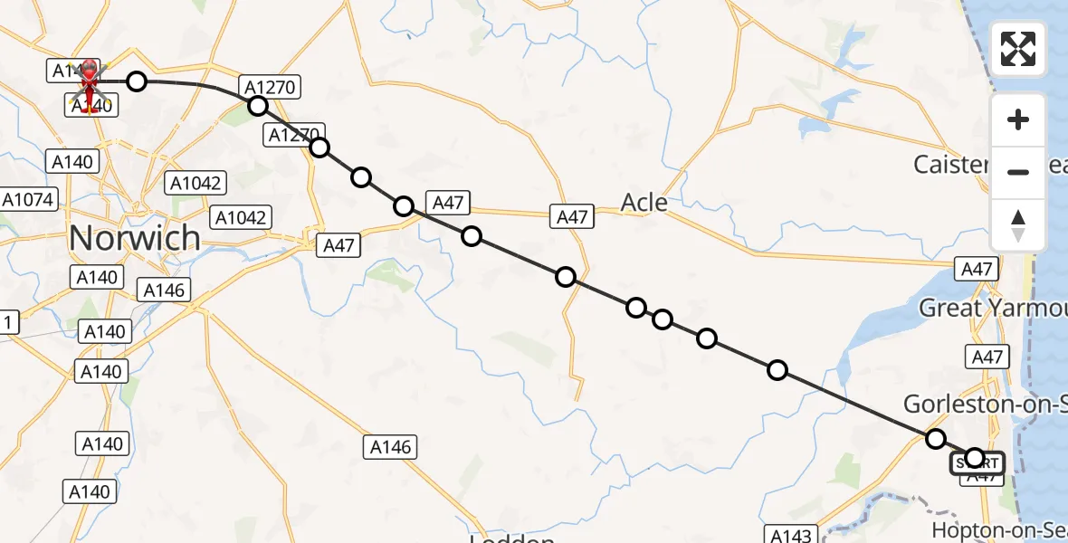 Flight route Air Ambulance Helicopter James Paget Hospital - Norwich Airport, 21 August 2026, 06:32