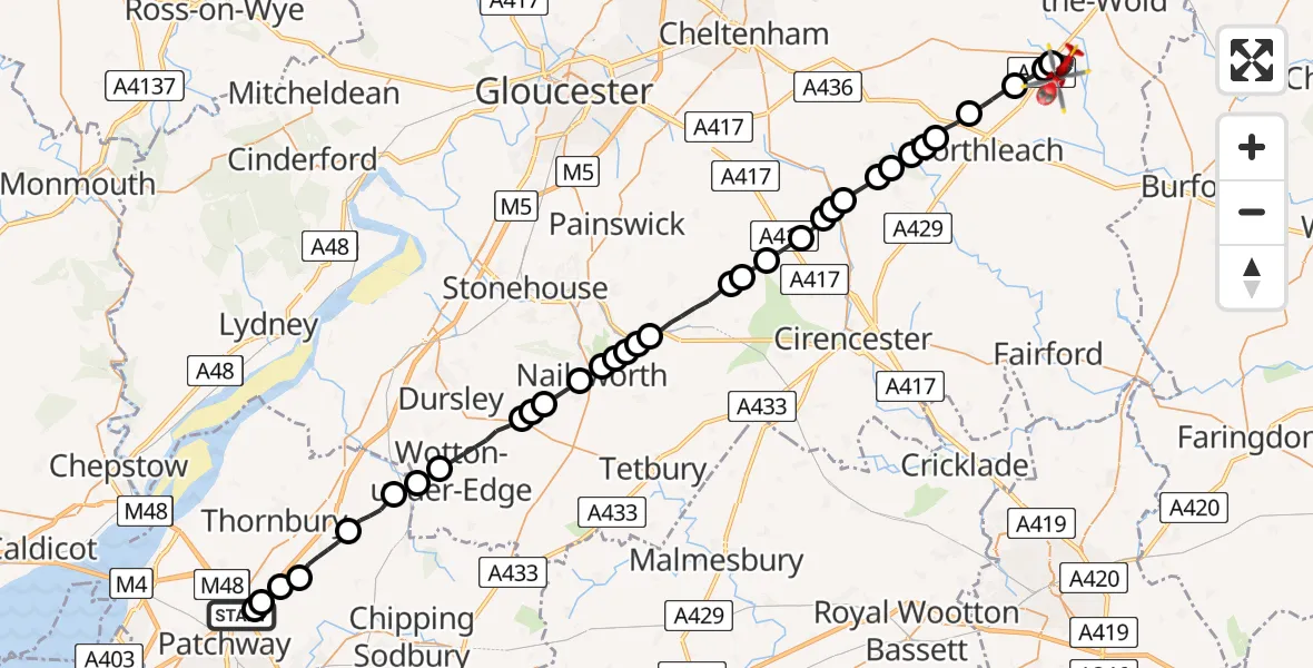 Flight route Air Ambulance Helicopter Almondsbury Helicopter Base - Bourton-on-the-Water, 21 August 2026, 06:35