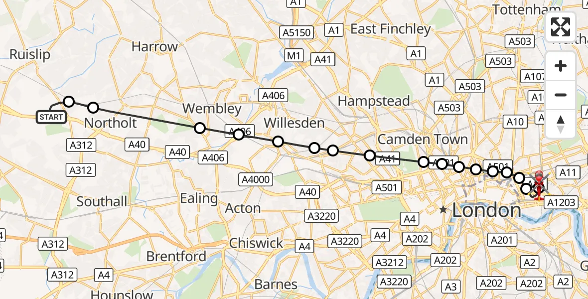 Flight route Air Ambulance Helicopter RAF Northolt - Royal London Hospital, 21 August 2026, 06:44