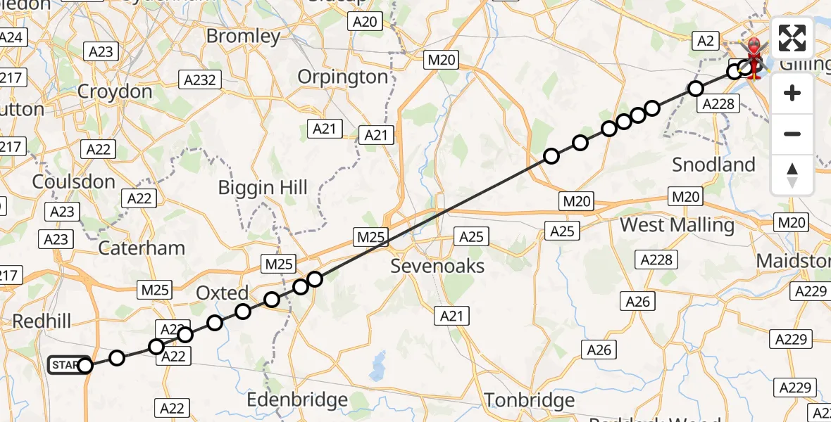 Flight route Air Ambulance Helicopter Redhill Aerodrome - Strood, 21 August 2026, 07:13