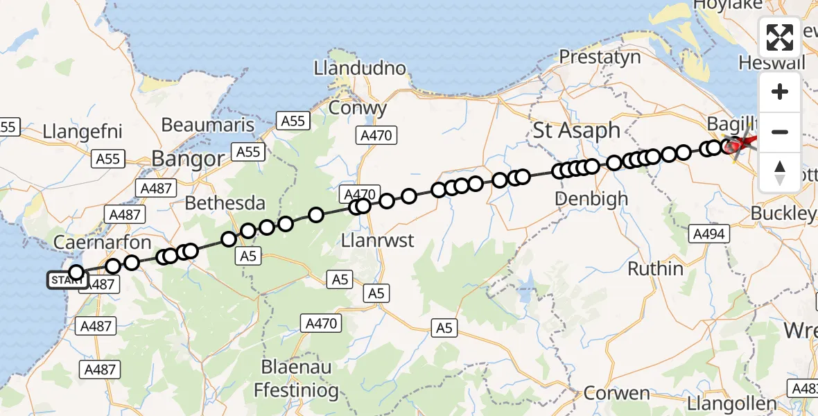 Flight route Air Ambulance Helicopter Caernarfon Airport - Flint, 21 August 2026, 07:20