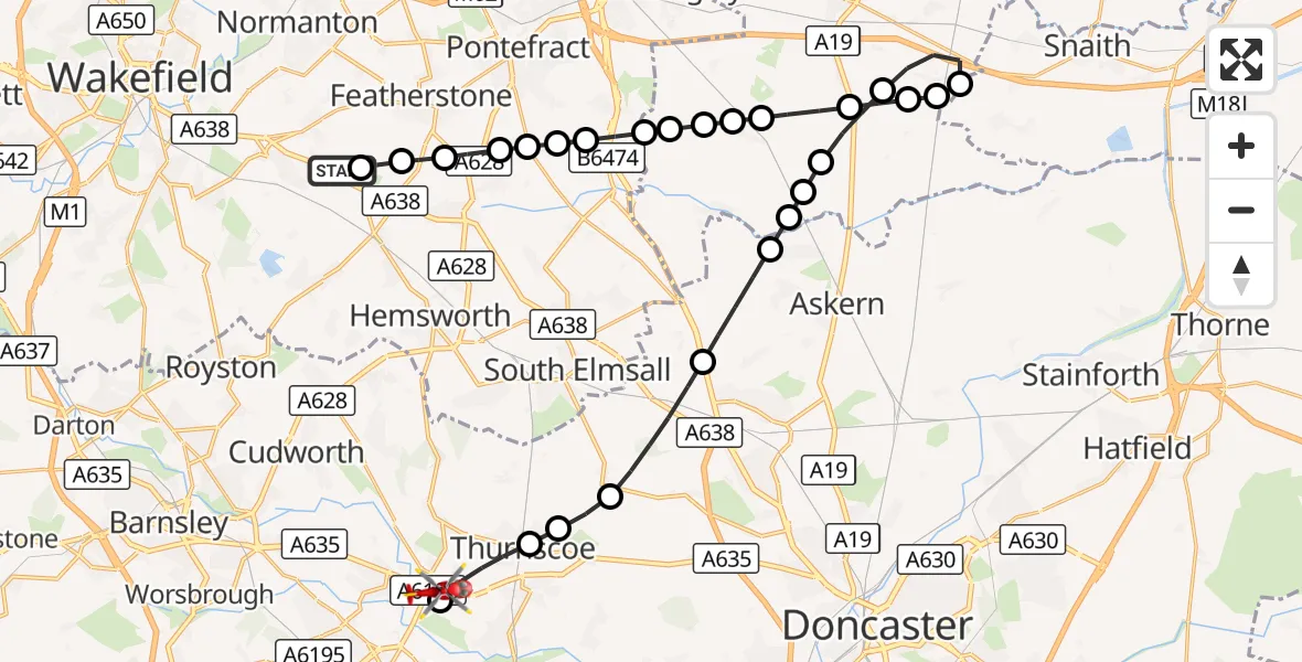 Flight route Air Ambulance Helicopter YAA Nostell Helicopter Port - Barnsley, 21 August 2026, 07:30