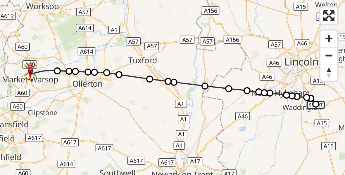 Flight route Air Ambulance Helicopter RAF Waddington - Mansfield, 21 August 2026, 07:46