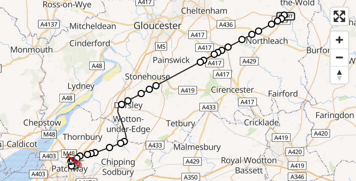 Flight route Air Ambulance Helicopter Lower Slaughter - Almondsbury Helicopter Base, 21 August 2026, 08:00