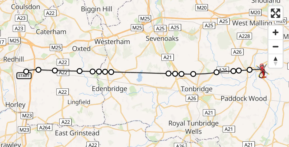 Flight route Air Ambulance Helicopter Redhill Aerodrome - Maidstone, 21 August 2026, 08:01