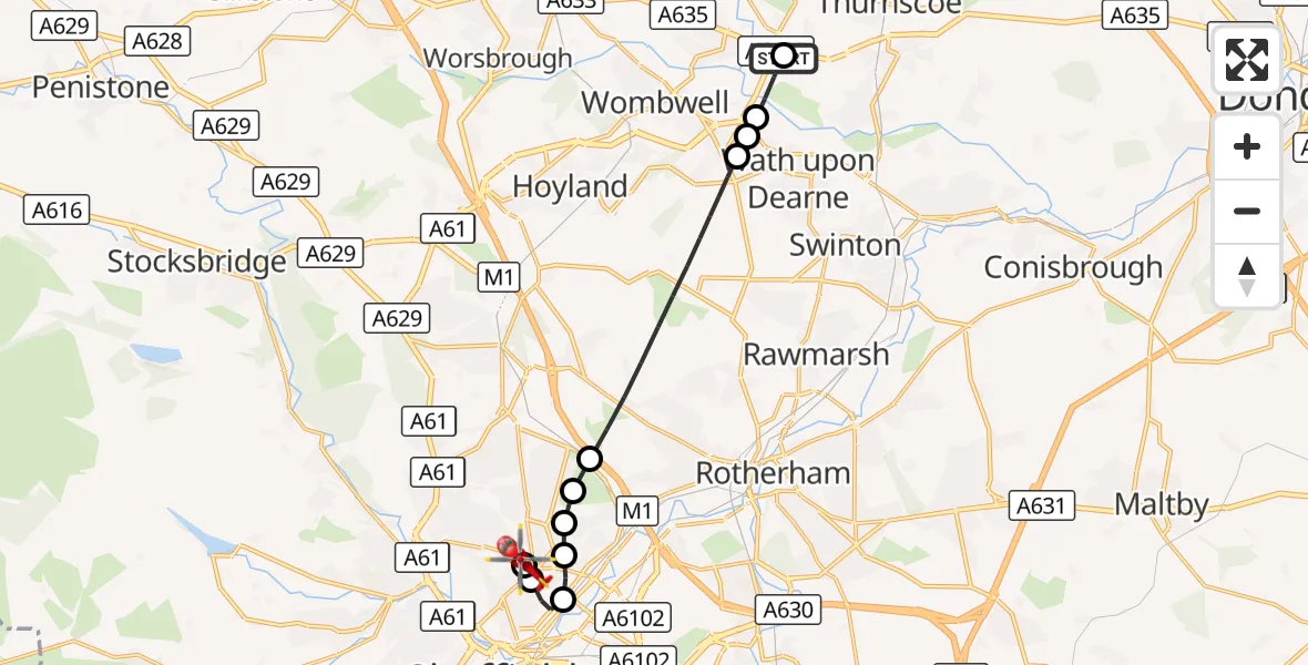 Flight route Air Ambulance Helicopter Barnsley - Sheffield Northern Hospital, 21 August 2026, 08:05
