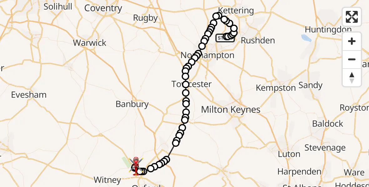 Flight route Air Ambulance Helicopter Sywell Aerodrome - London Oxford Airport, 21 August 2026, 08:12