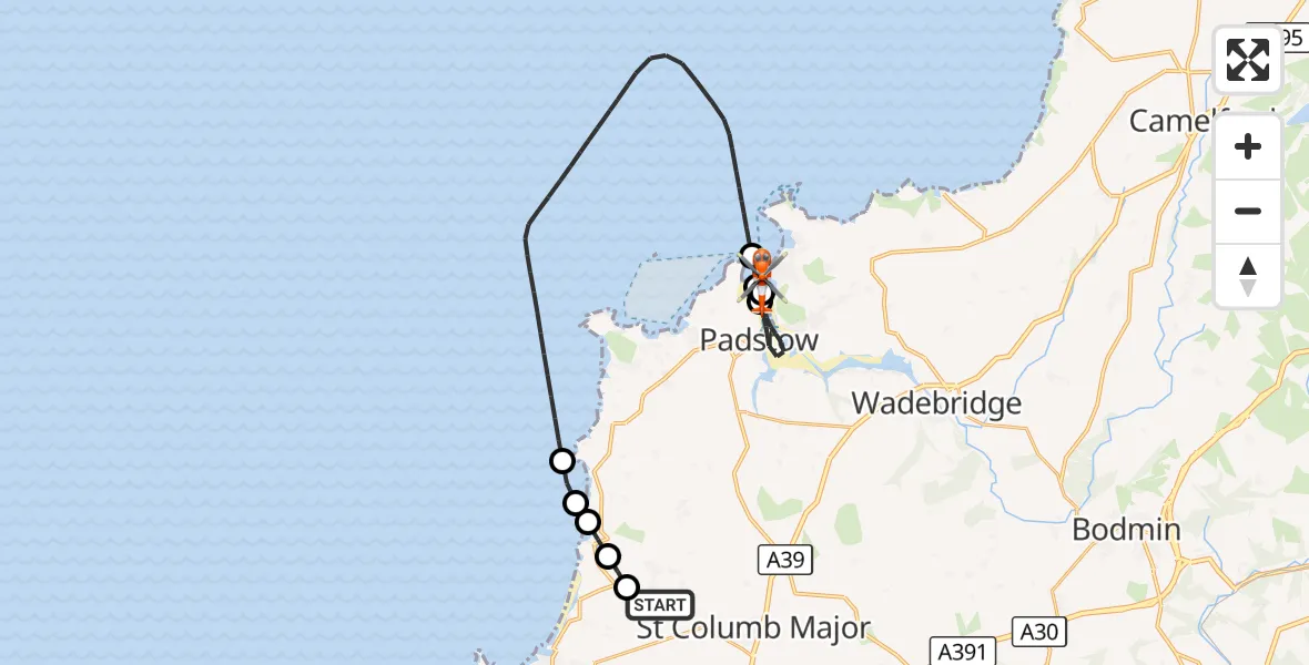 Flight route Coastguard Helicopter Cornwall Airport Newquay - Trebetherick, 21 August 2026, 08:50