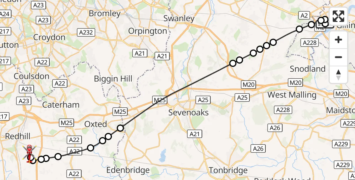 Flight route Air Ambulance Helicopter Strood - Redhill Aerodrome, 21 August 2026, 08:54
