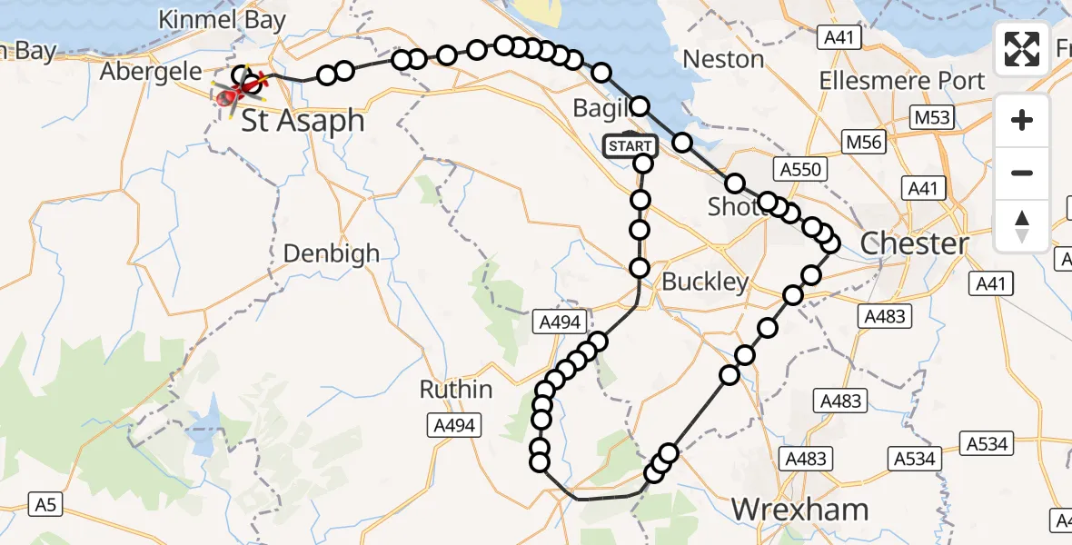 Flight route Air Ambulance Helicopter Flint - St Asaph, 21 August 2026, 08:56