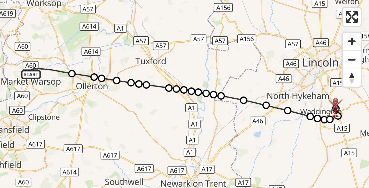 Flight route Air Ambulance Helicopter Mansfield - North Kesteven, 21 August 2026, 08:58