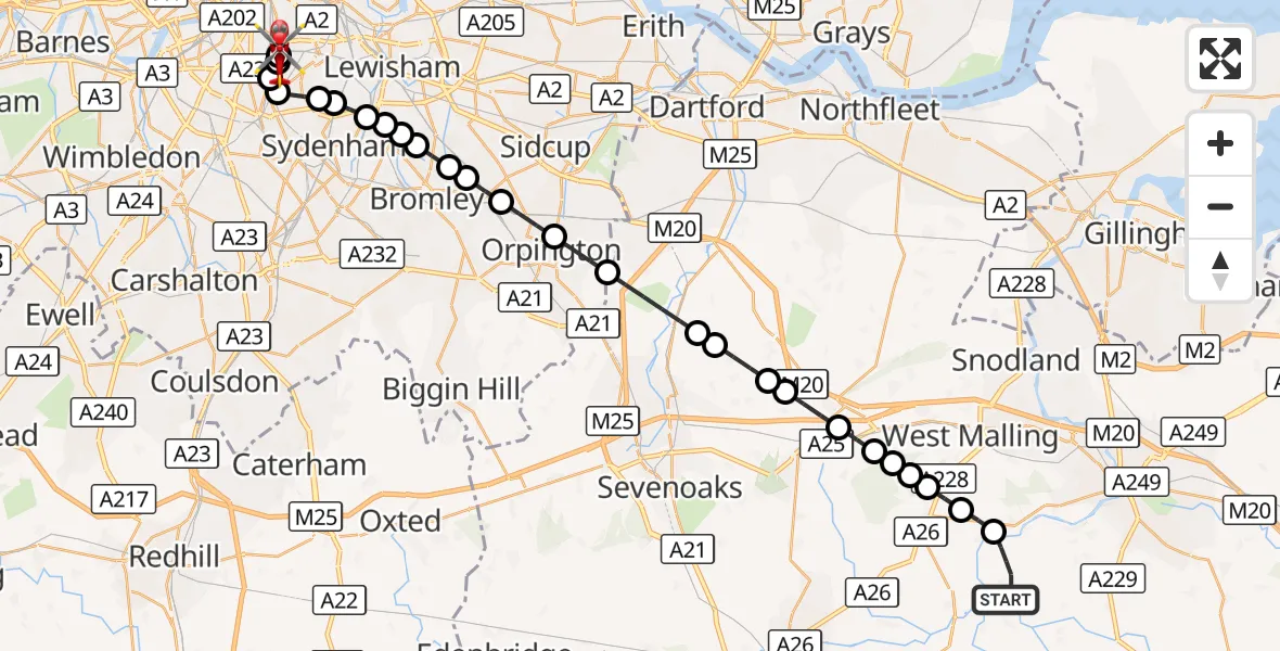 Flight route Air Ambulance Helicopter Maidstone - Kings College London Hospital, 21 August 2026, 09:09