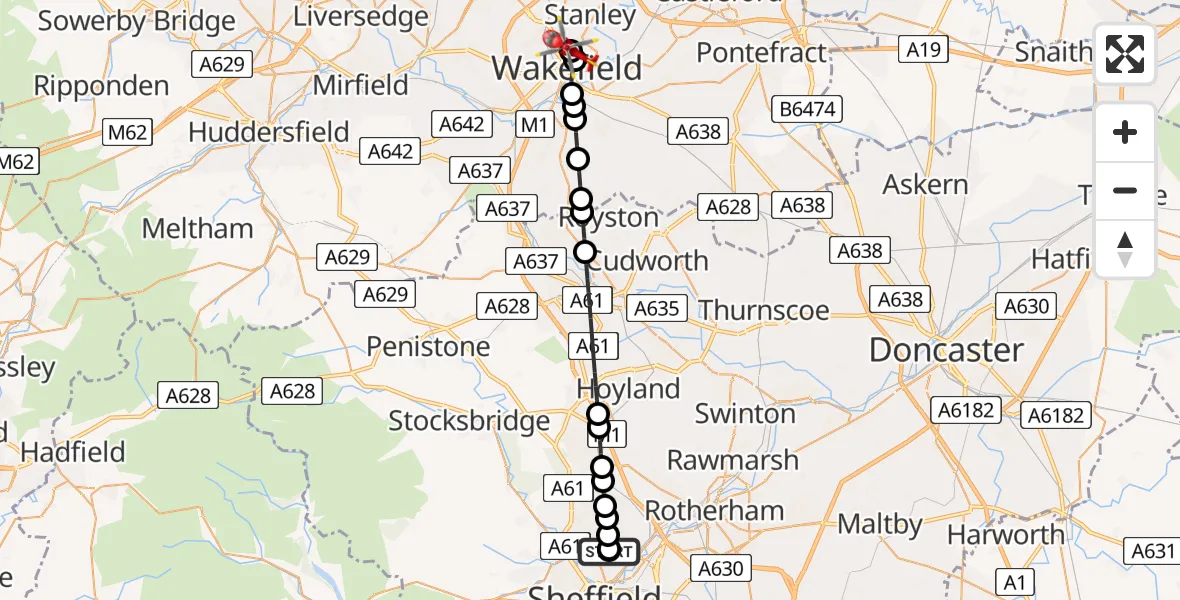 Flight route Air Ambulance Helicopter Sheffield Northern Hospital - Stanley, 21 August 2026, 09:10
