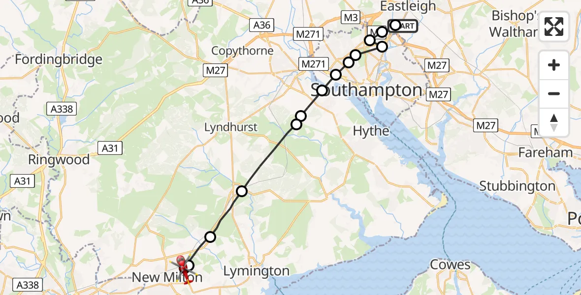 Flight route Air Ambulance Helicopter Southampton Airport - New Milton, 21 August 2026, 09:20
