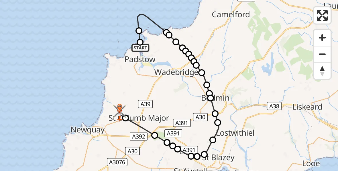 Flight route Coastguard Helicopter Trebetherick - Cornwall Airport Newquay, 21 August 2026, 09:24