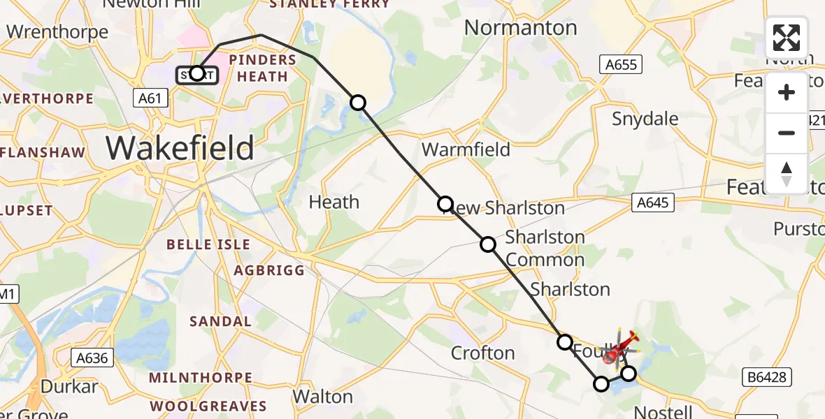 Flight route Air Ambulance Helicopter Newton Hill - YAA Nostell Helicopter Port, 21 August 2026, 09:27