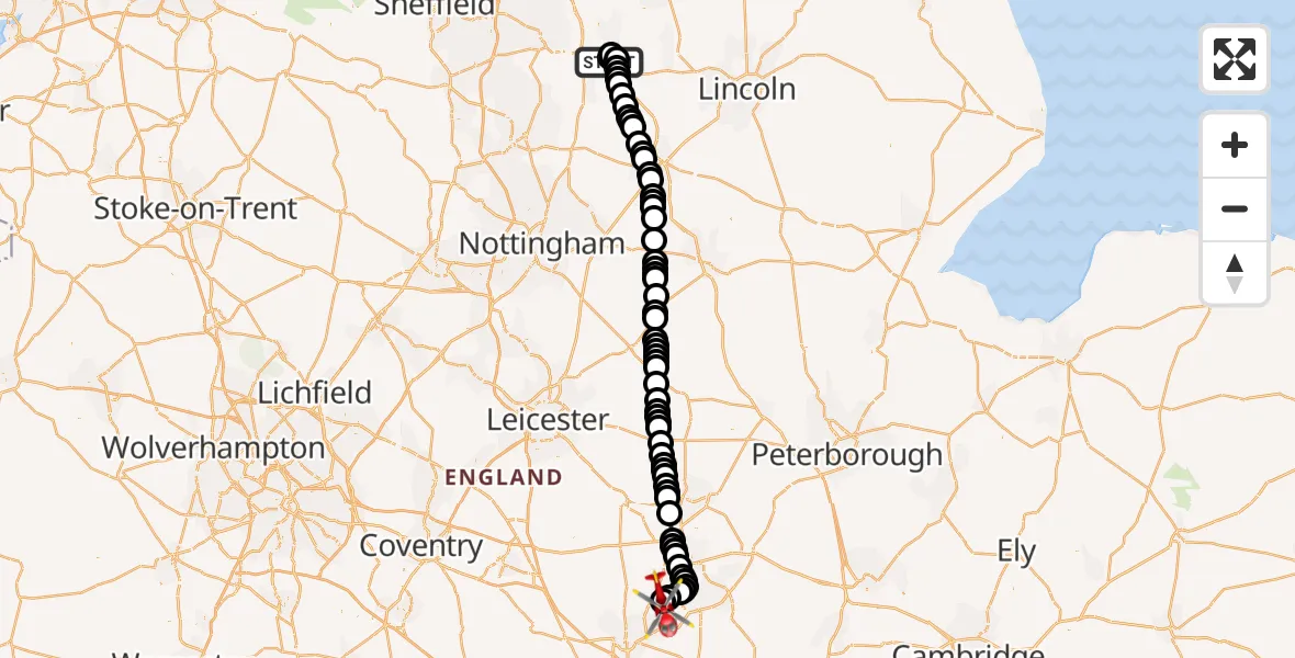 Flight route Air Ambulance Helicopter Retford Gamston Airport - Sywell Aerodrome, 21 August 2026, 09:33