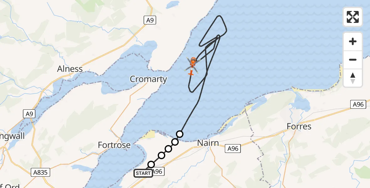 Flight route Coastguard Helicopter Inverness Airport - North Sea, 21 August 2026, 09:39