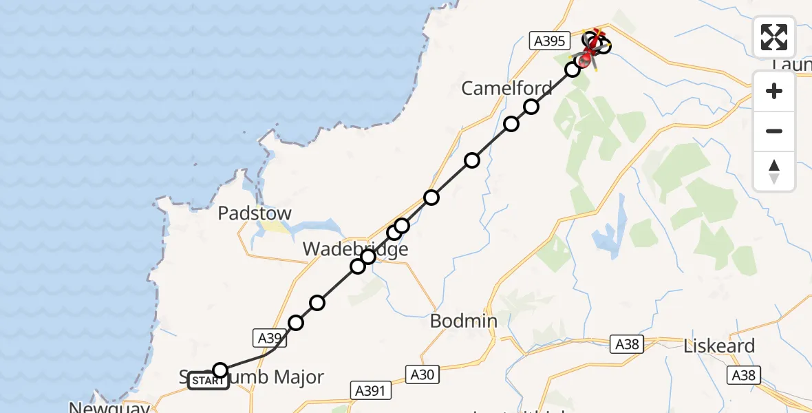 Flight route Air Ambulance Helicopter Cornwall Airport Newquay - Trevivian, 21 August 2026, 09:49