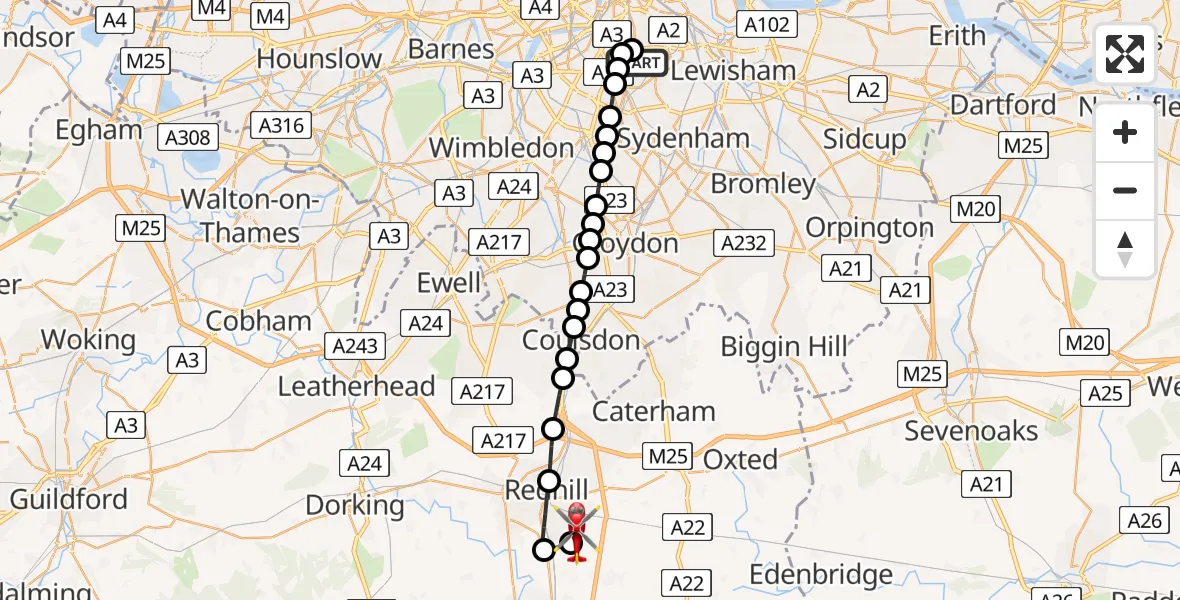 Flight route Air Ambulance Helicopter Kings College London Hospital - Redhill Aerodrome, 21 August 2026, 09:56