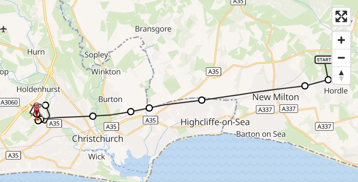 Flight route Air Ambulance Helicopter Sway - Royal Bournemouth Hospital, 21 August 2026, 10:22