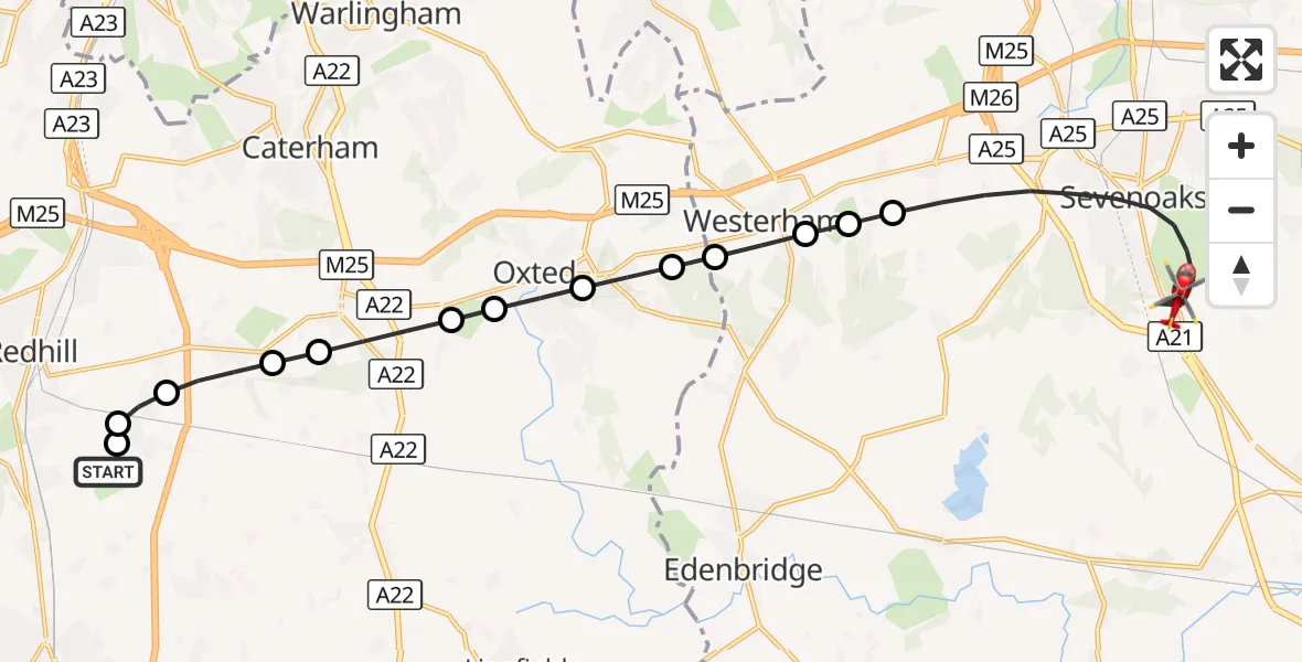 Flight route Air Ambulance Helicopter Redhill Aerodrome - Sevenoaks, 21 August 2026, 10:22