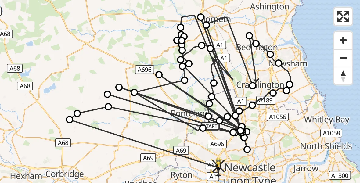 Flight route Police Helicopter Newcastle International Airport - East Denton, 21 August 2026, 10:31